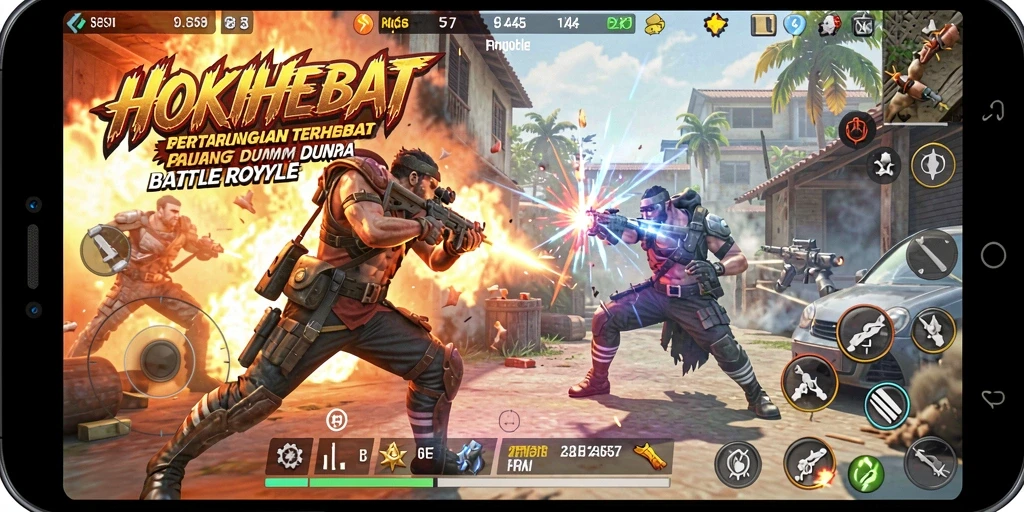 Tampilan gameplay HOKIHEBAT dalam pertarungan seru Battle Royale.