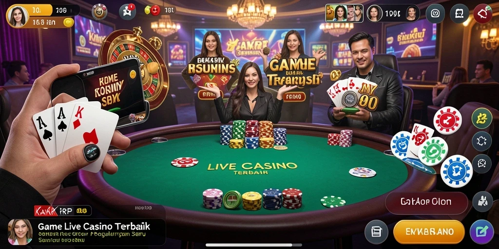 Screenshot gameplay KAKRP dengan dealer langsung dan suasana kasino yang menegangkan.