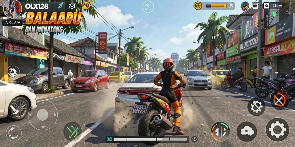Screenshot gameplay OLX128 menampilkan balapan yang seru di jalanan kota.