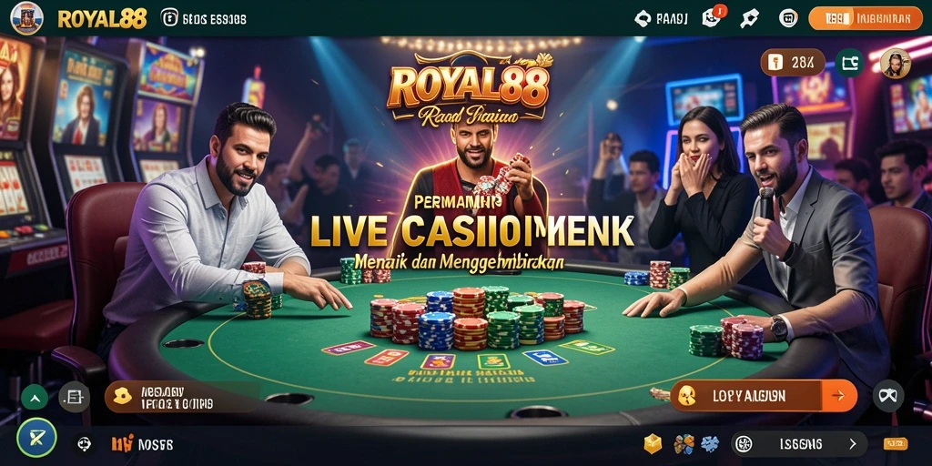 Tampilan screenshot gameplay langsung dari ROYAL88, menunjukkan dealer dan pemain berinteraksi.