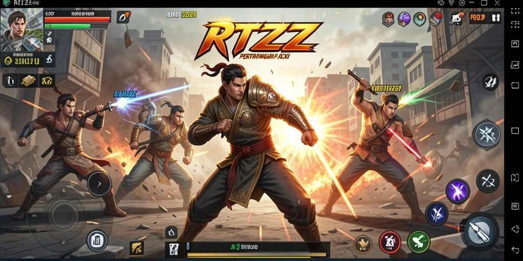 Screenshot gameplay RTZZ menampilkan pertarungan epik antara karakter-karakter unik.