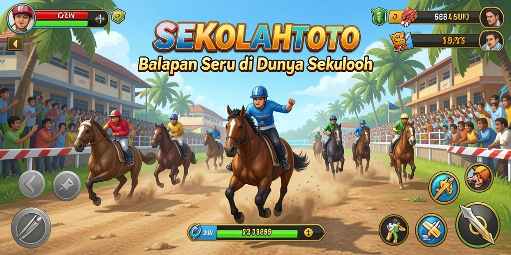 Screenshot gameplay SEKOLAHTOTO menampilkan aksi balapan seru di lintasan sekolah.