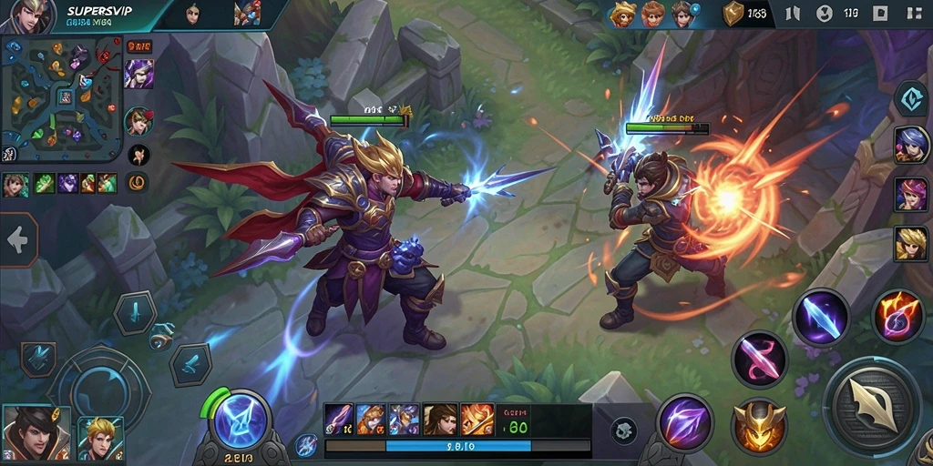 Screenshot gameplay SUPERSVIP menampilkan pertempuran seru di arena MOBA.